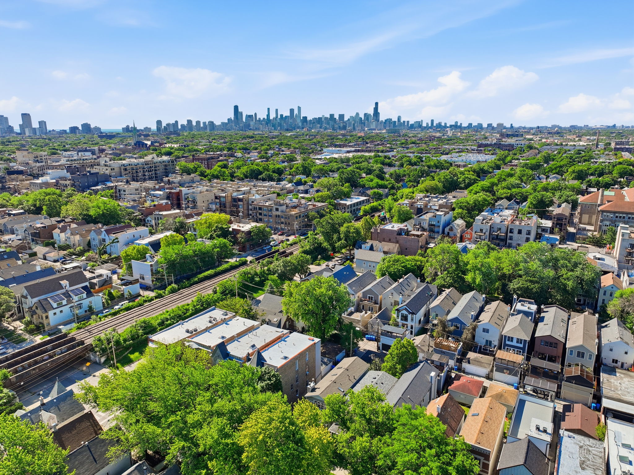 Aerial view with downtown skyline